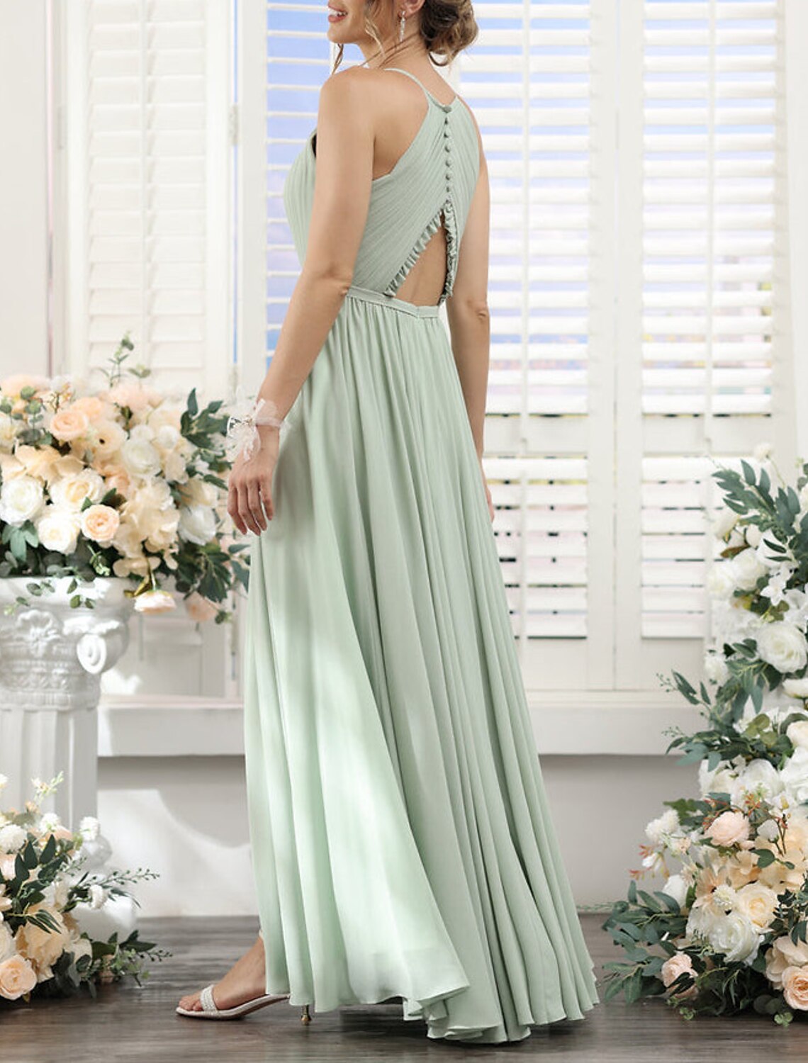 A-Line Halter Chiffon Short Sleeve Floor-Length Wedding Dress - Chloe Dress