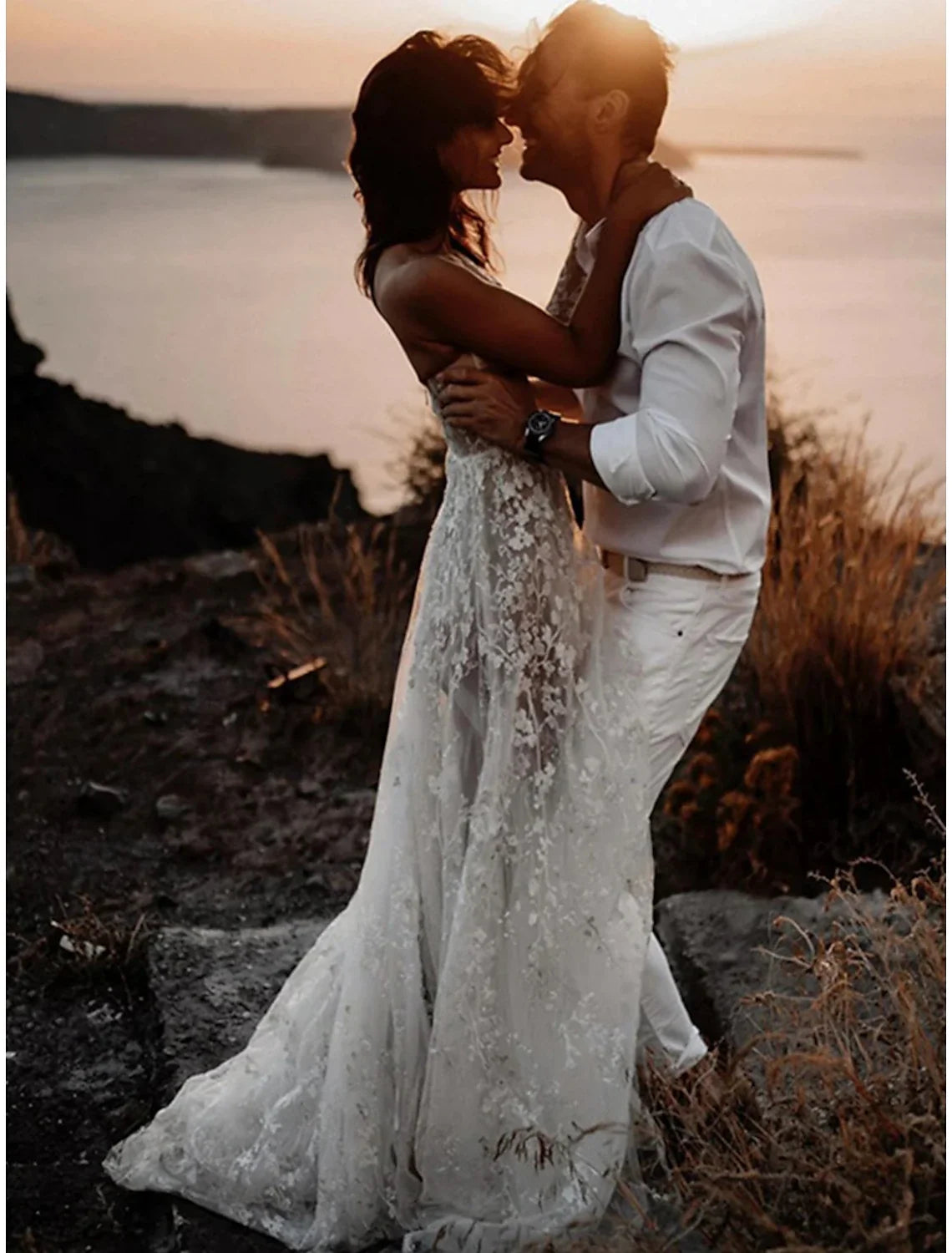 A-Line One-Shoulder Lace Long Sleeve Train Wedding Gown - Chloe Dress