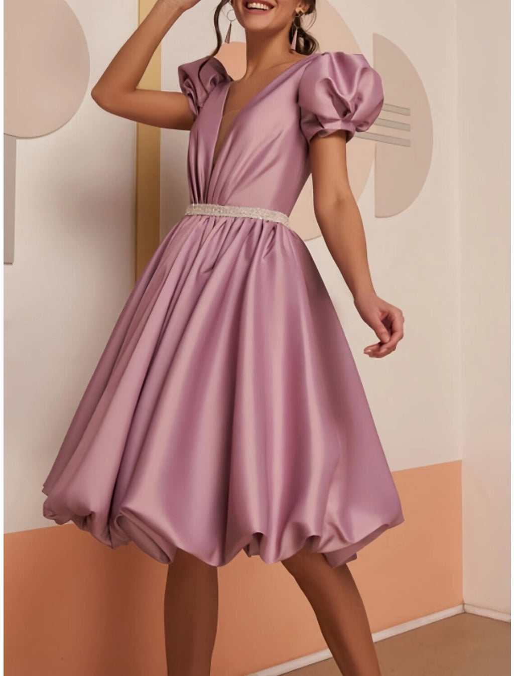 A-Line V-Neck Satin Short Sleeve Pleated Mini Wedding Dress - Chloe Dress