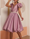 A-Line V-Neck Satin Short Sleeve Pleated Mini Wedding Dress - Chloe Dress
