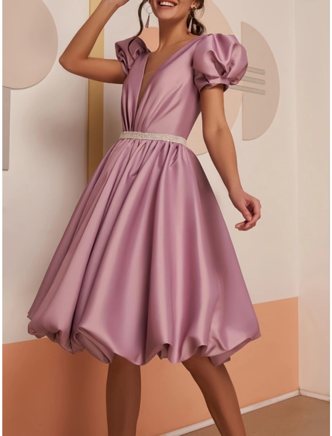 A-Line V-Neck Satin Short Sleeve Pleated Mini Wedding Dress - Chloe Dress