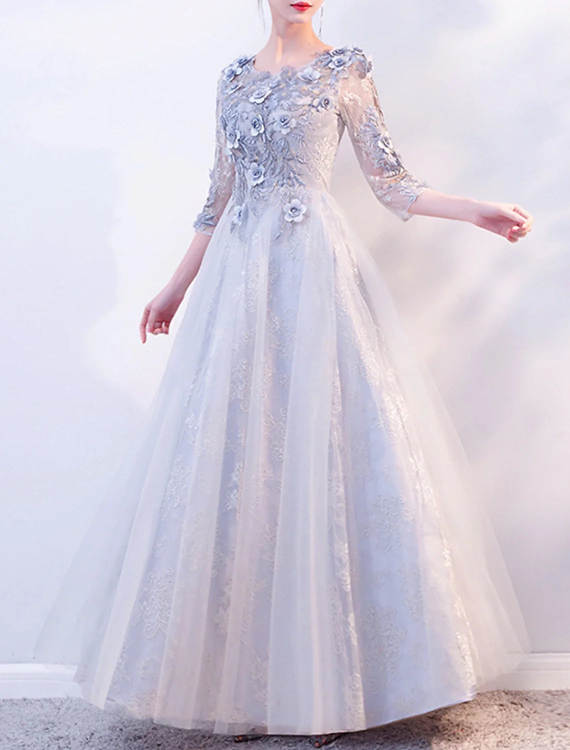 A-Line Tulle Three-Quarter Sleeve Applique Floor-Length Evening Gown - Chloe Dress