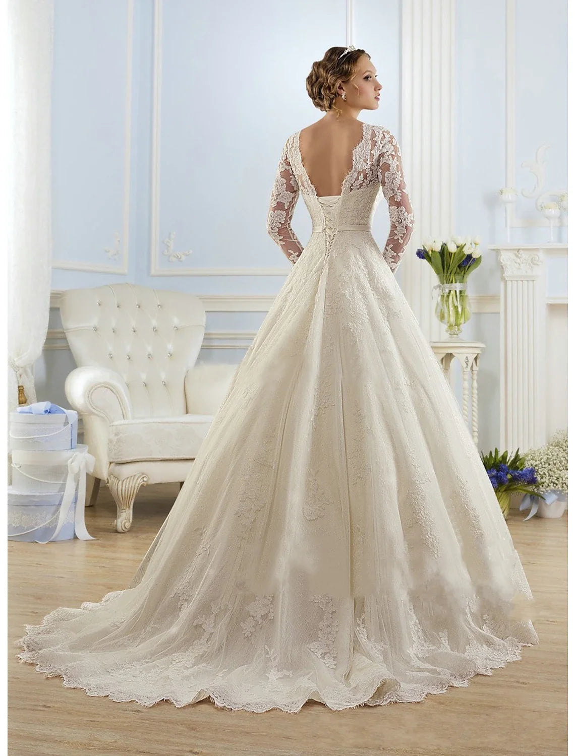 Ball Gown Illusion Lace Long Sleeve Train Wedding Gown - Chloe Dress
