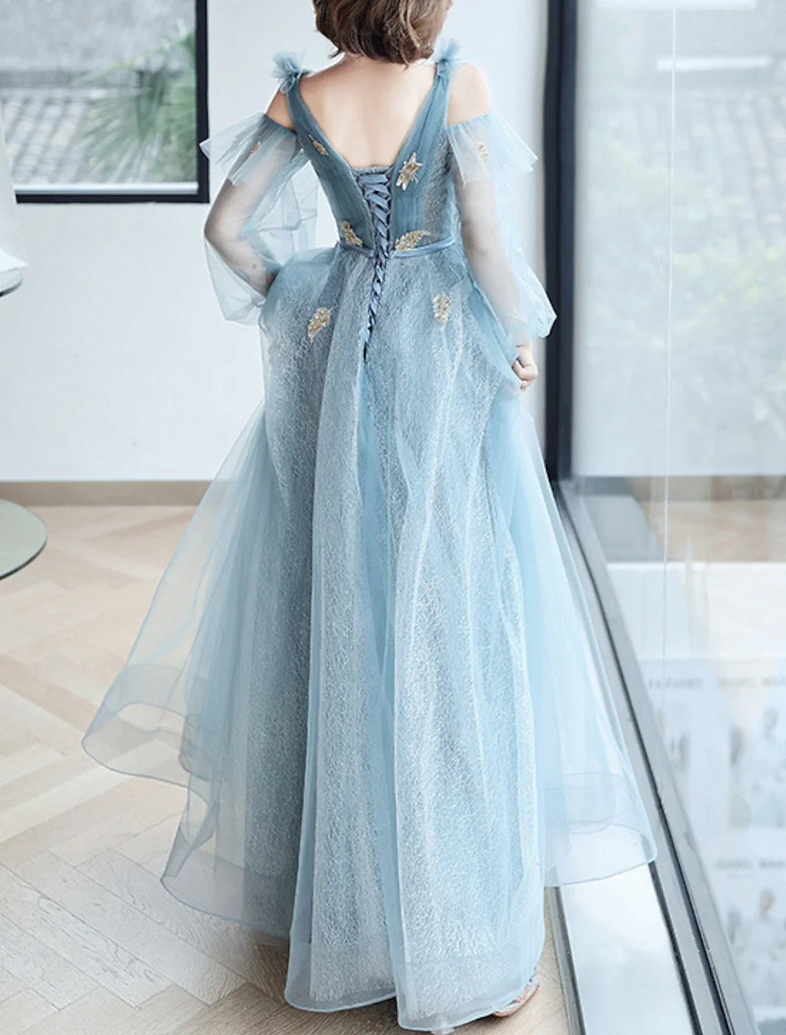 A-Line V-Neck Sequin Long Sleeve Floor-Length Evening Dress - Chloe Dress