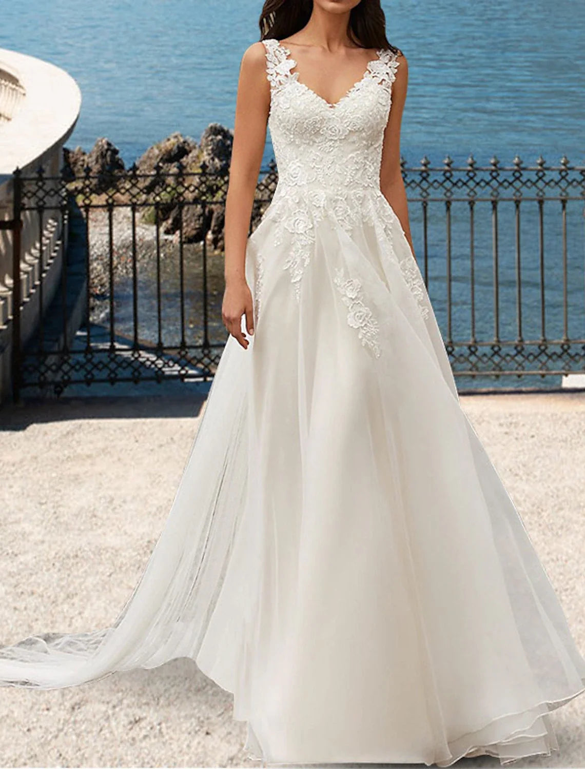 A-Line V-Neck Lace Sleeveless Open Back Train Wedding Gown - Chloe Dress