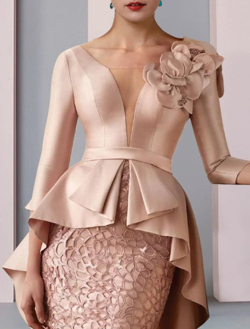 Sheath V-Neck Satin Three-Quarter Sleeve Ruffled Floor-Length Wedding Dress - Chloe Dress