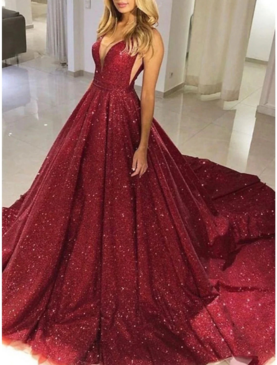 Green A-Line V-Neck Sequin Sleeveless Pleated Prom Dress - Chloe Dress