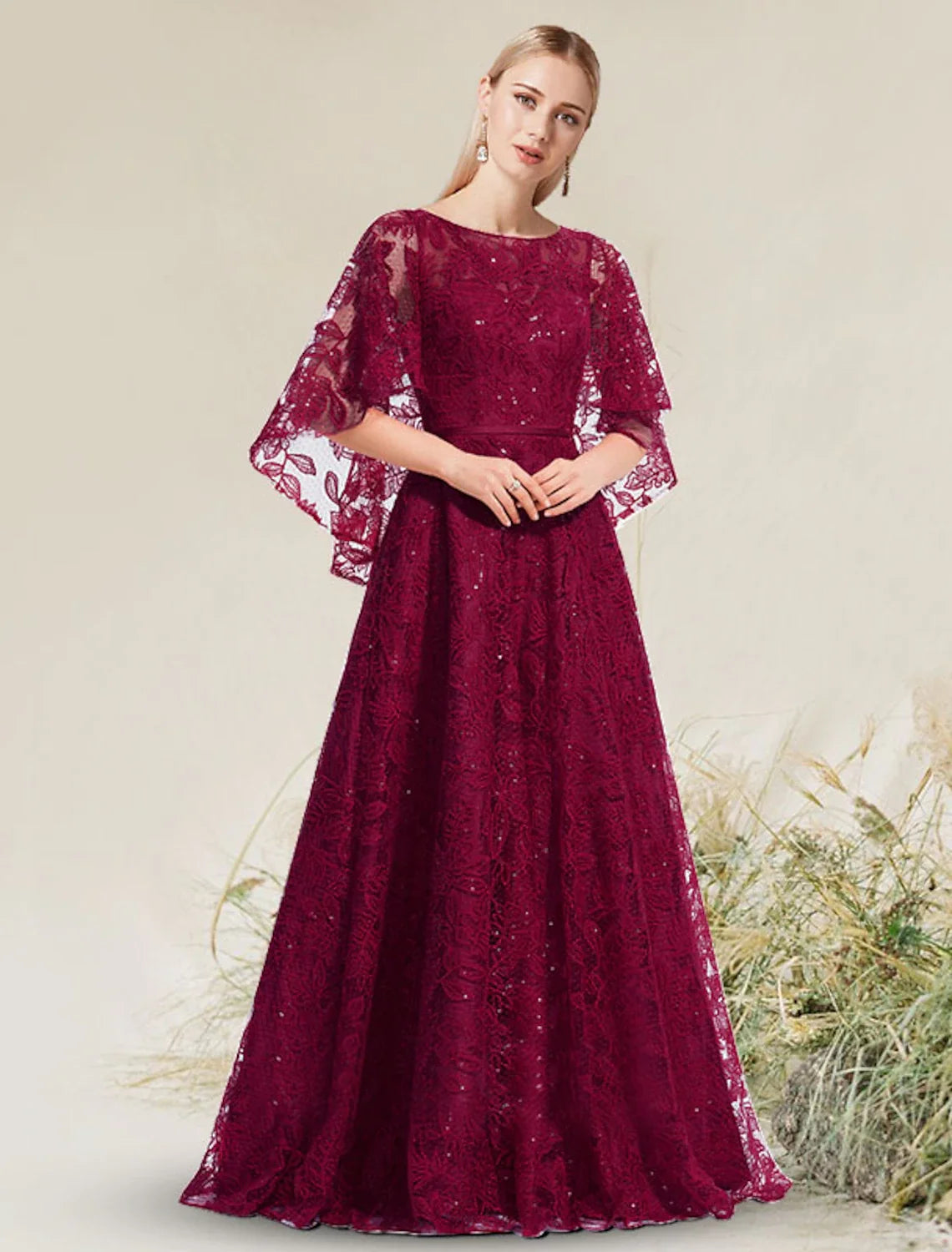 A-Line Lace Short Sleeve Applique Floor-Length Evening Dress - Chloe Dress