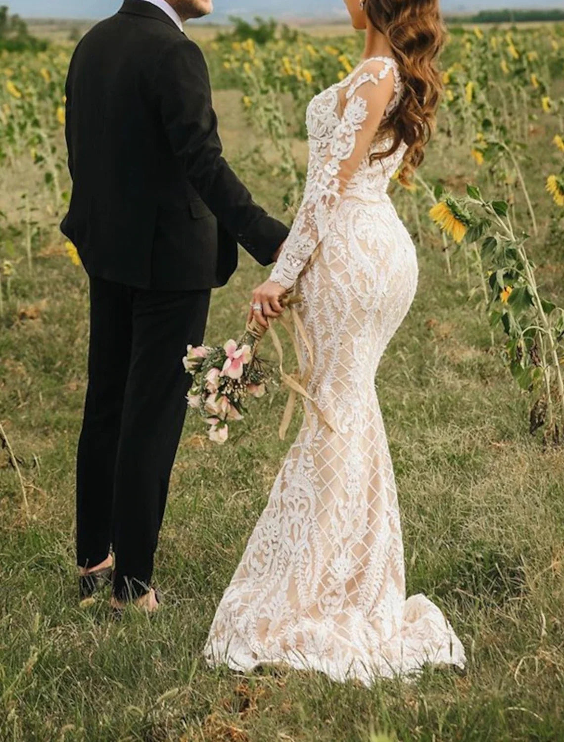 Mermaid Illusion Lace Long Sleeve Train Wedding Gown - Chloe Dress