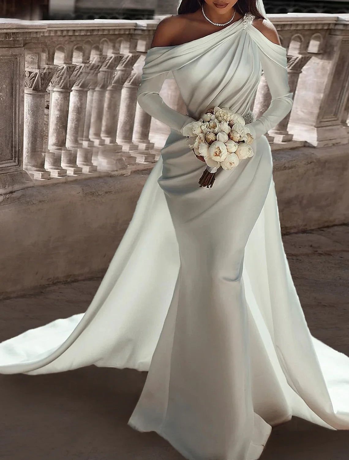 One-Shoulder Satin Long Sleeve Floor-Length Wedding Gown - Chloe Dress