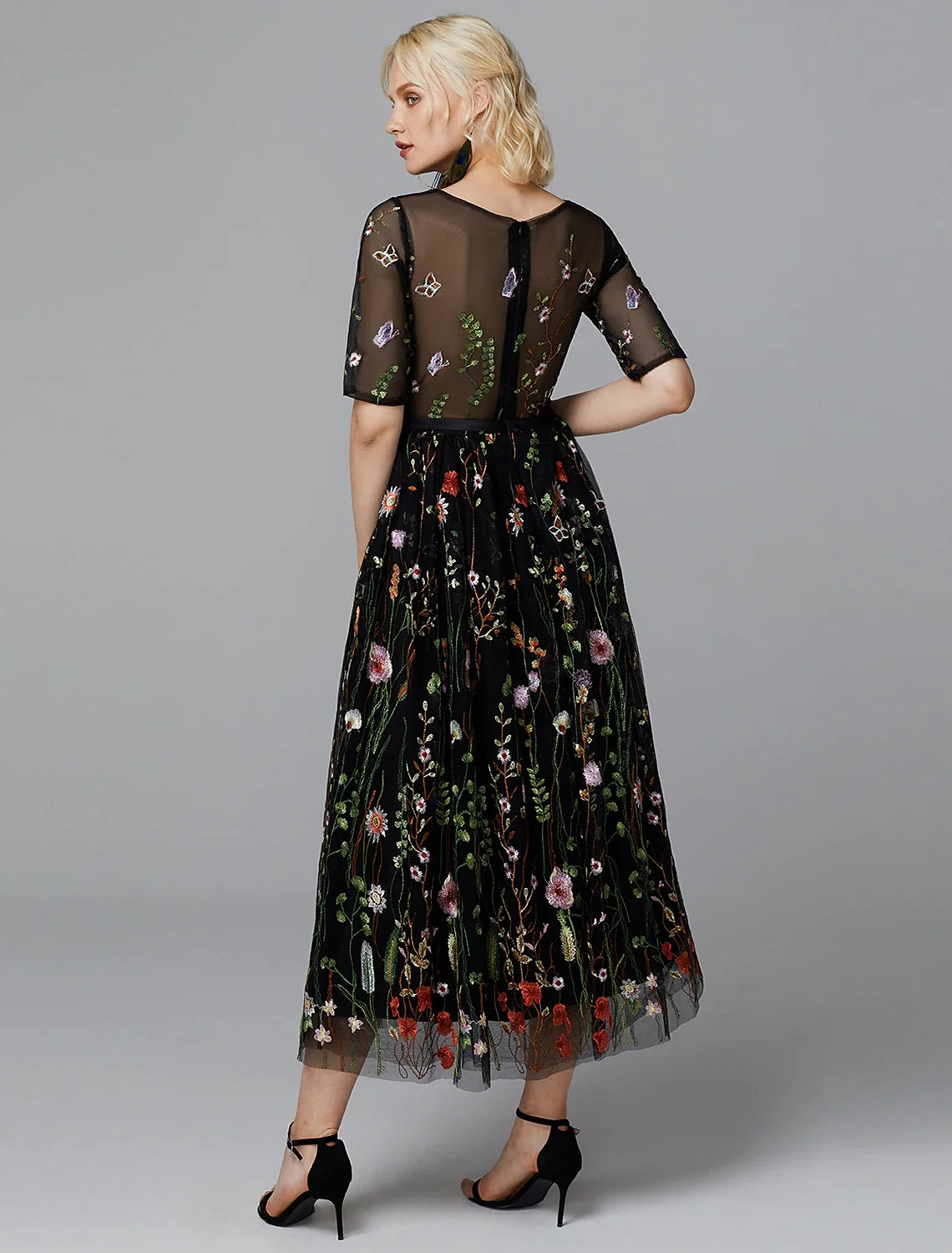 A-Line Illusion Lace Applique Tea-Length Wedding Dress - Chloe Dress