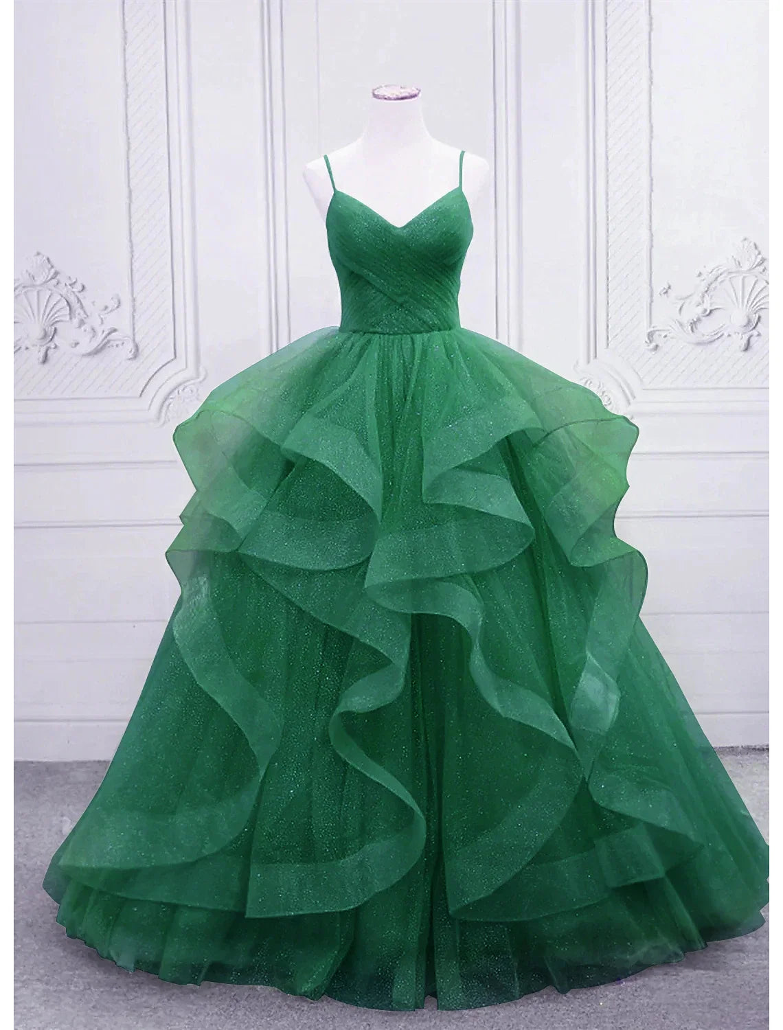 Ball Gown V-Neck Tulle Sleeveless Ruffled Floor-Length Prom Gown - Chloe Dress