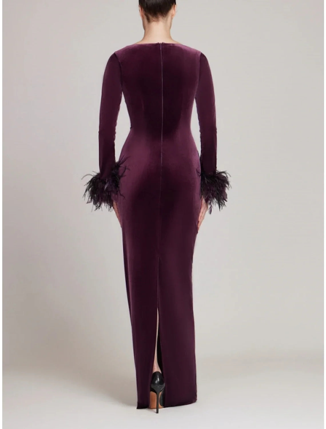Sheath V-Neck Velvet Long Sleeve High Slit Ankle-Length Evening Gown - Chloe Dress