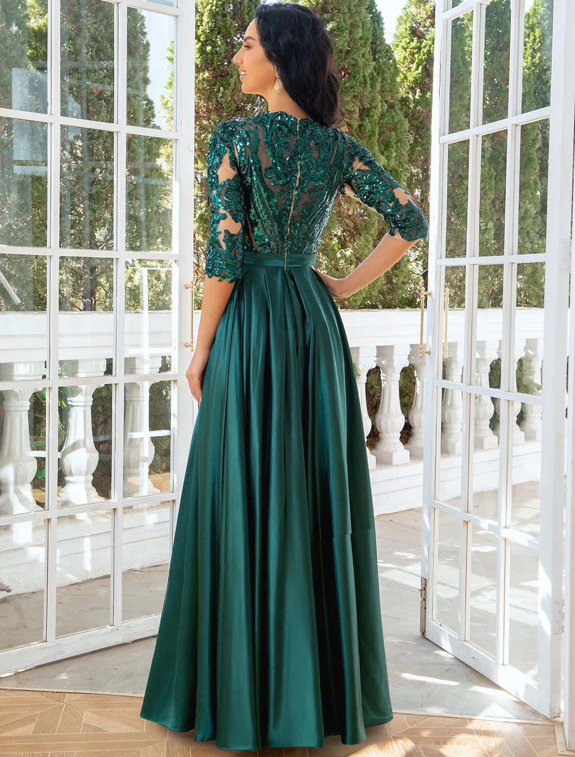A-Line Illusion Satin High Slit Floor-Length Evening Gown - Chloe Dress