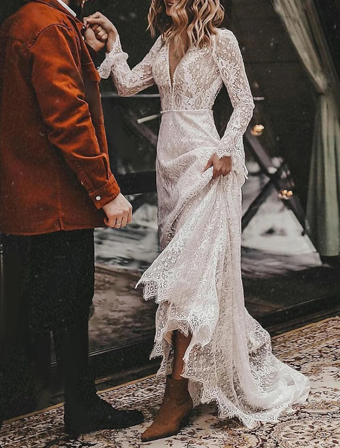 A-Line V-Neck Lace Long Sleeve Open Back Train Wedding Gown - Chloe Dress