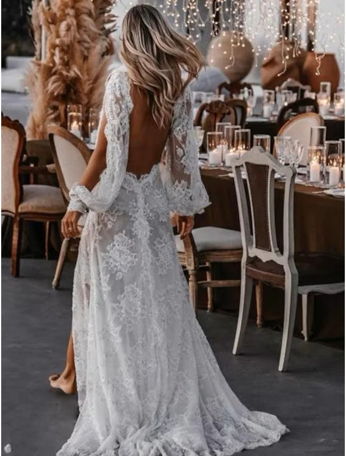 A-Line V-Neck Lace Long Sleeve Train Wedding Gown - Chloe Dress