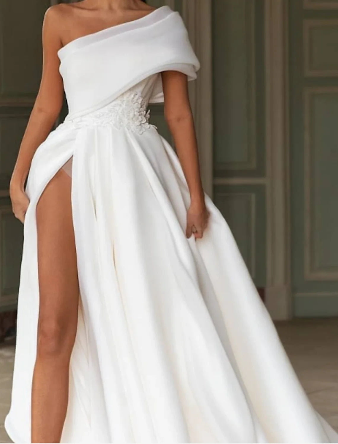 A-Line One-Shoulder Organza Cap Sleeve Train Wedding Gown - Chloe Dress