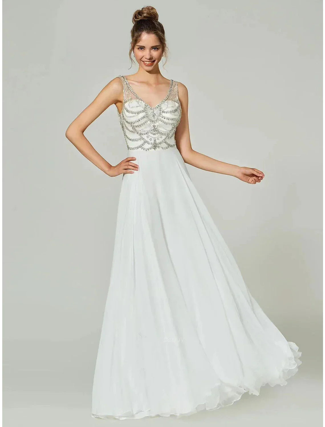 A-Line V-Neck Chiffon Sleeveless Open Back Rhinestone Floor-Length Evening Gown - Chloe Dress