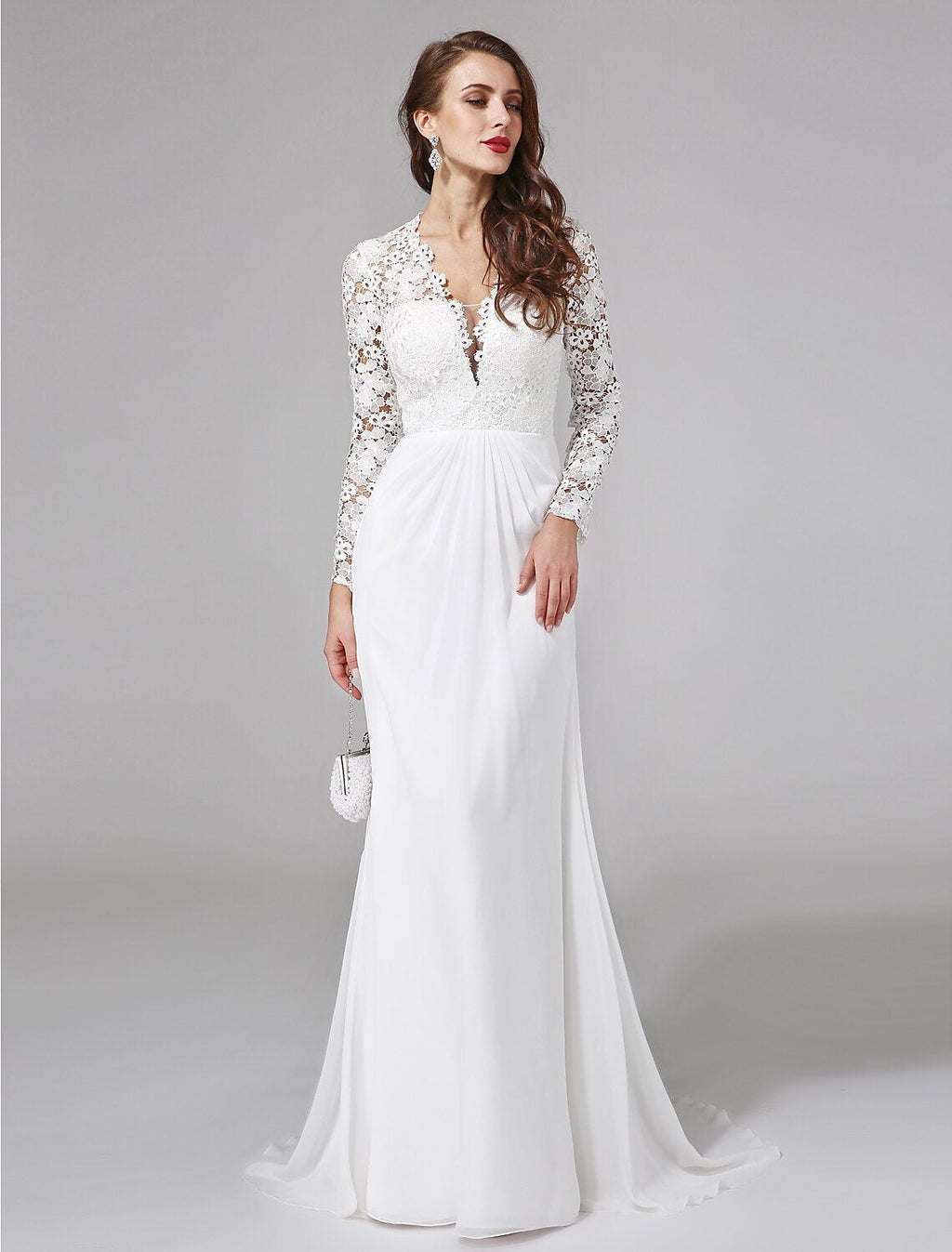 Sheath Illusion Chiffon Long Sleeve Button Back Train Wedding Gown - Chloe Dress