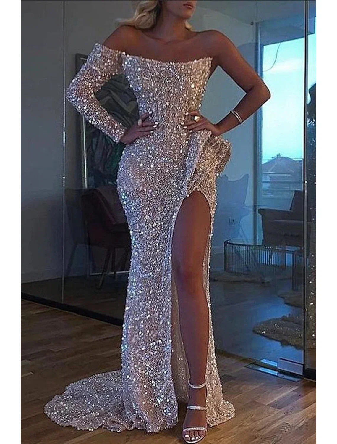 Green Mermaid One-Shoulder Sequin Long Sleeve High Slit Evening Gown - Chloe Dress
