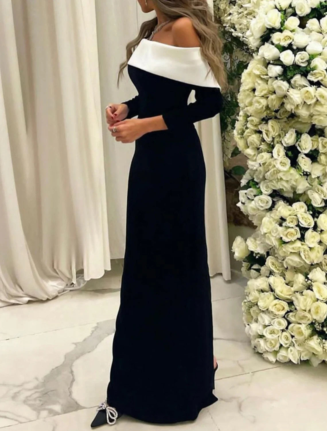Black Sheath Off-Shoulder Long Sleeve High Slit Floor-Length Evening Gown - Chloe Dress