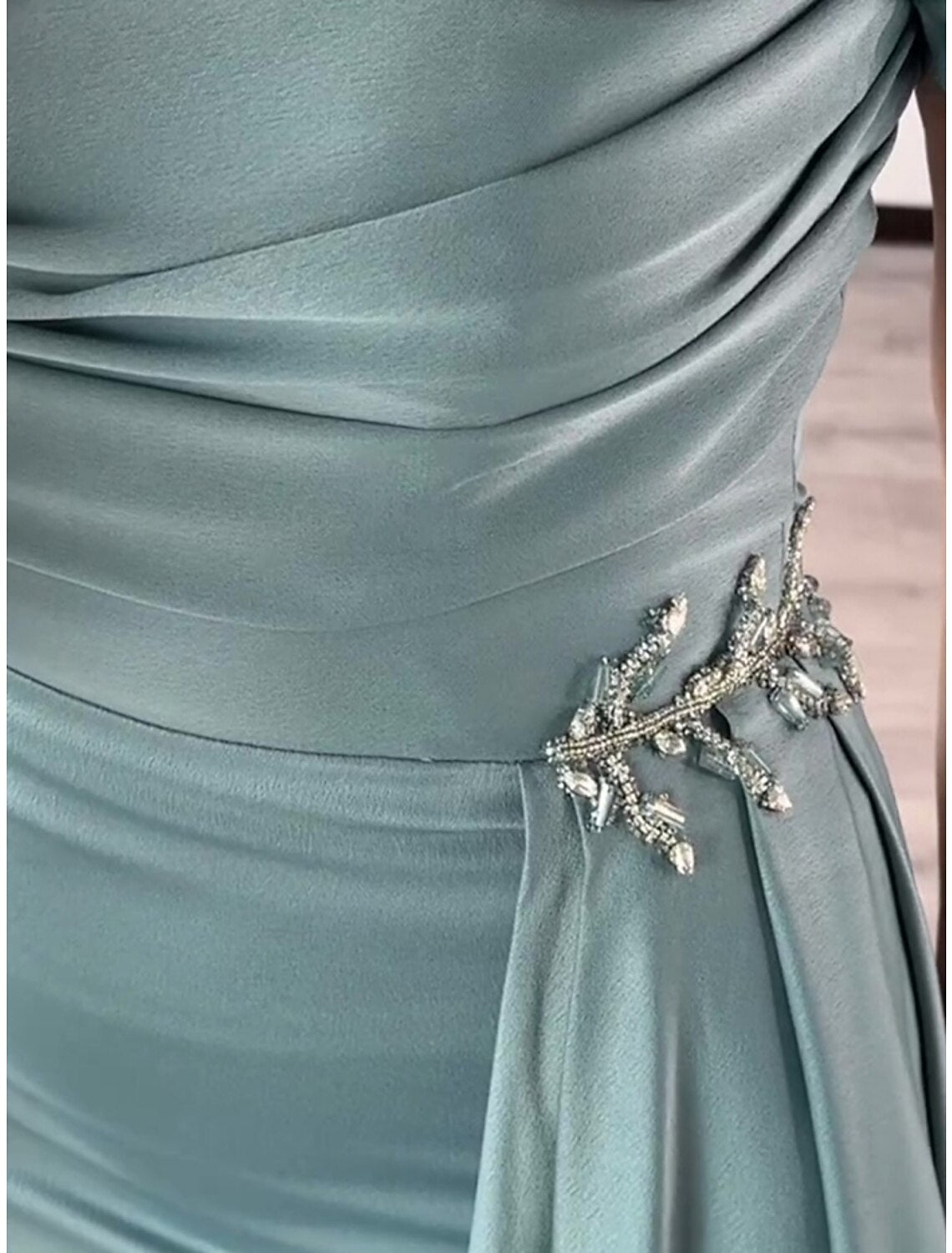 Sheath Square Neck Satin Short Sleeve Pleated Mini Evening Gown - Chloe Dress