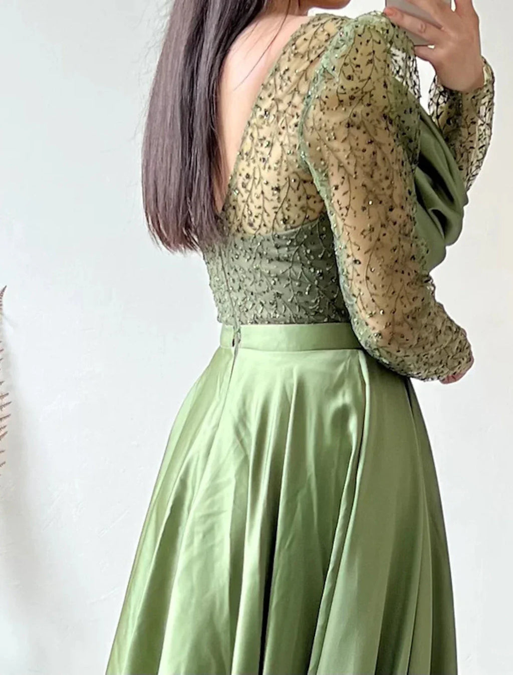 Green Ball Gown V-Neck Long Sleeve Train Evening Gown - Chloe Dress