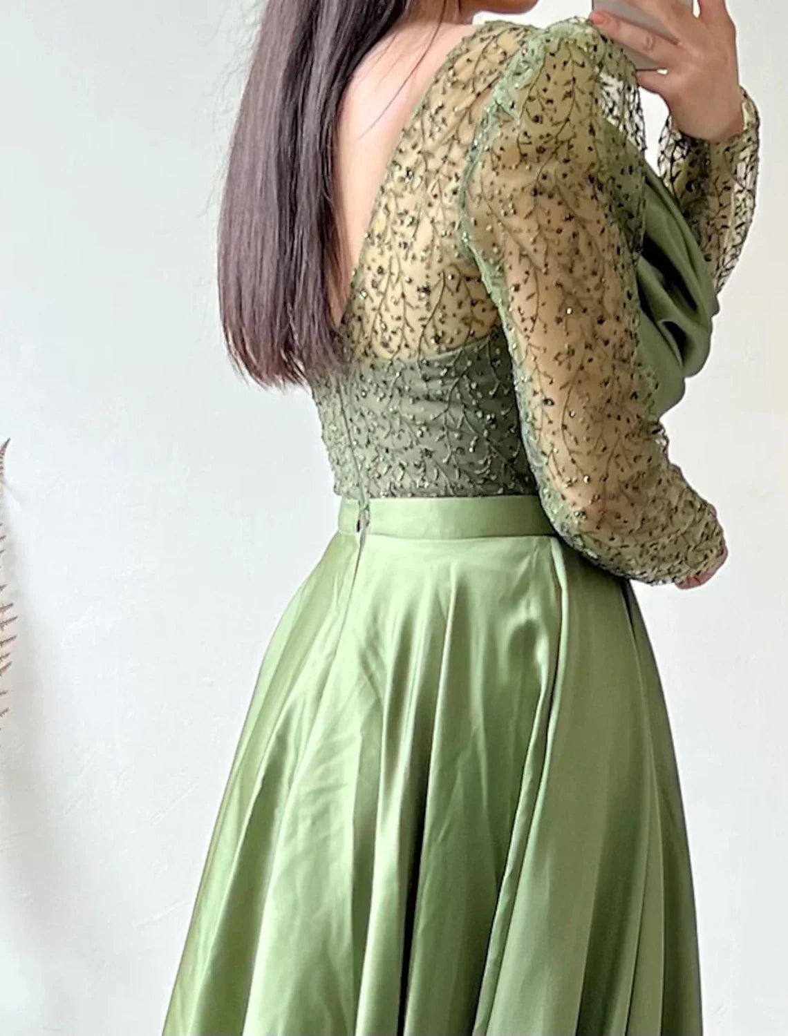 Green Ball Gown V-Neck Long Sleeve Train Evening Gown - Chloe Dress