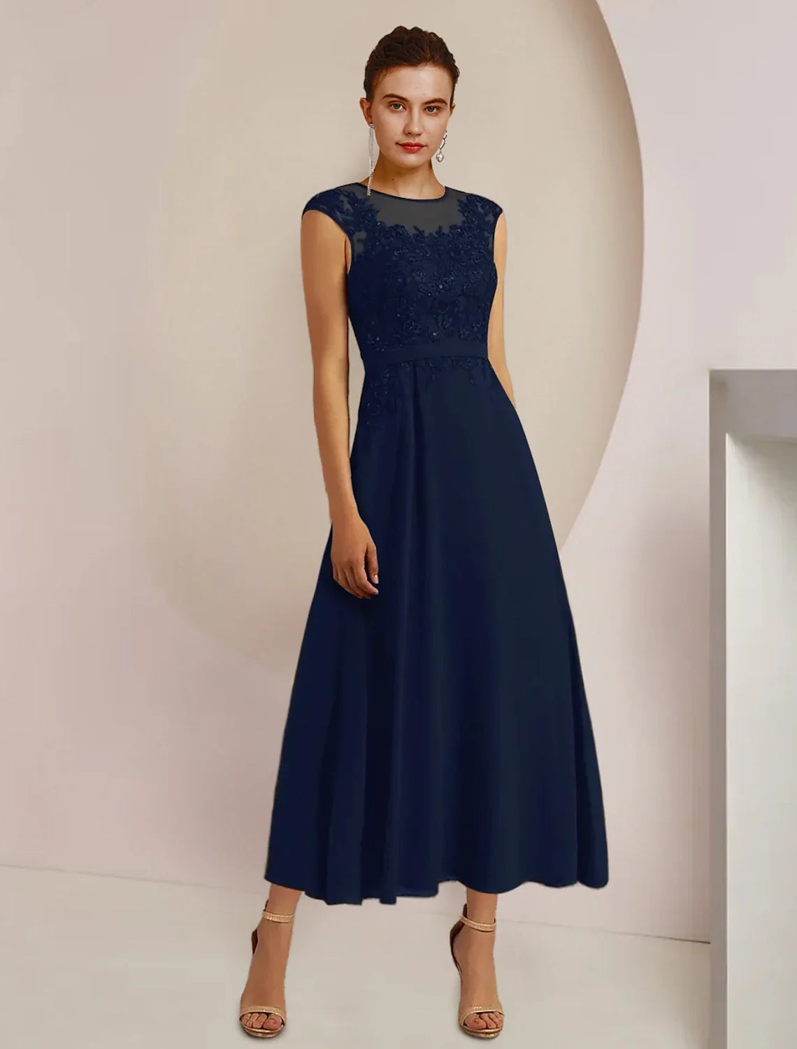 A-Line Chiffon Three-Quarter Sleeve Applique Tea-Length Wedding Dress - Chloe Dress