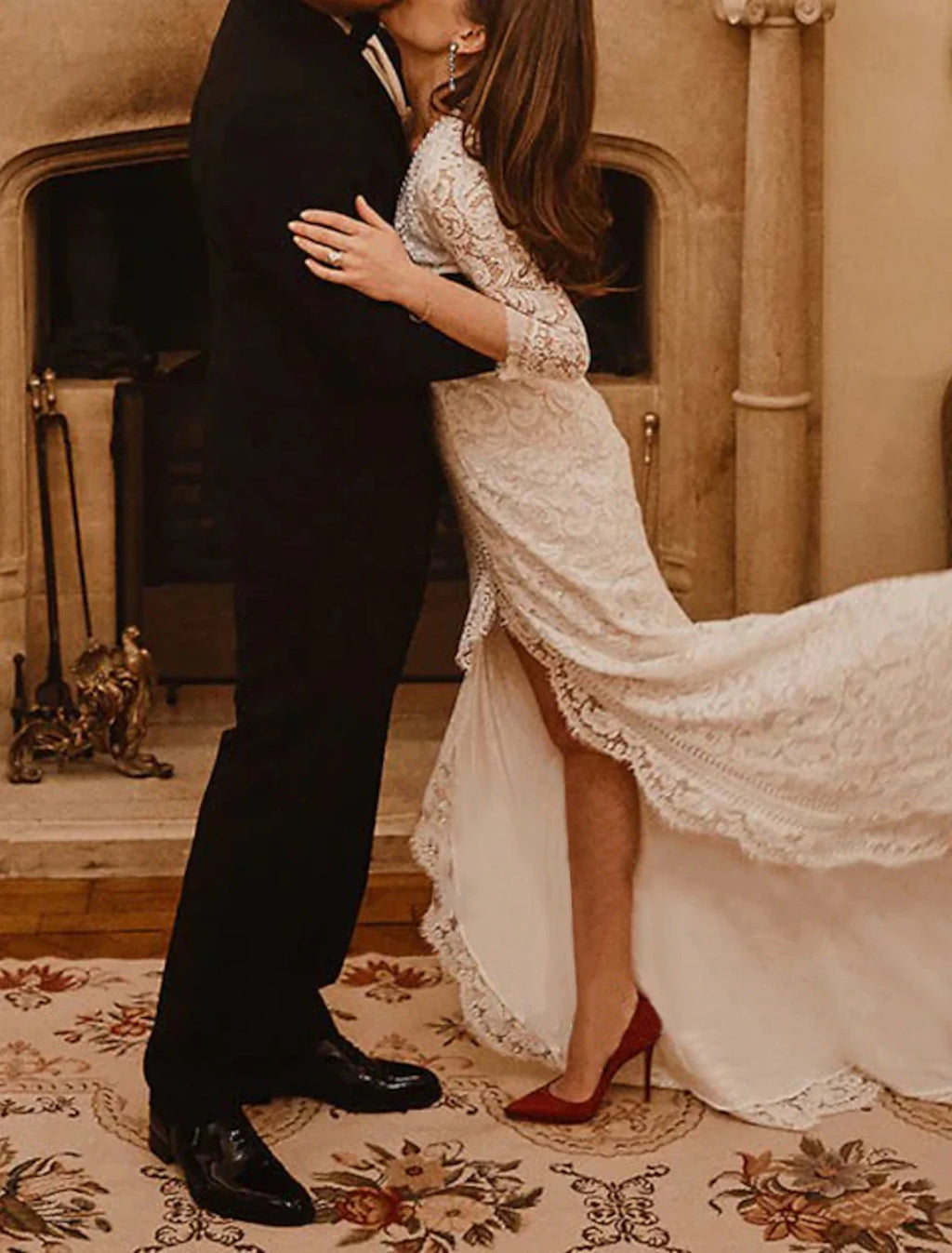 Mermaid V-Neck Lace Three-Quarter Sleeve Train Wedding Gown - Chloe Dress