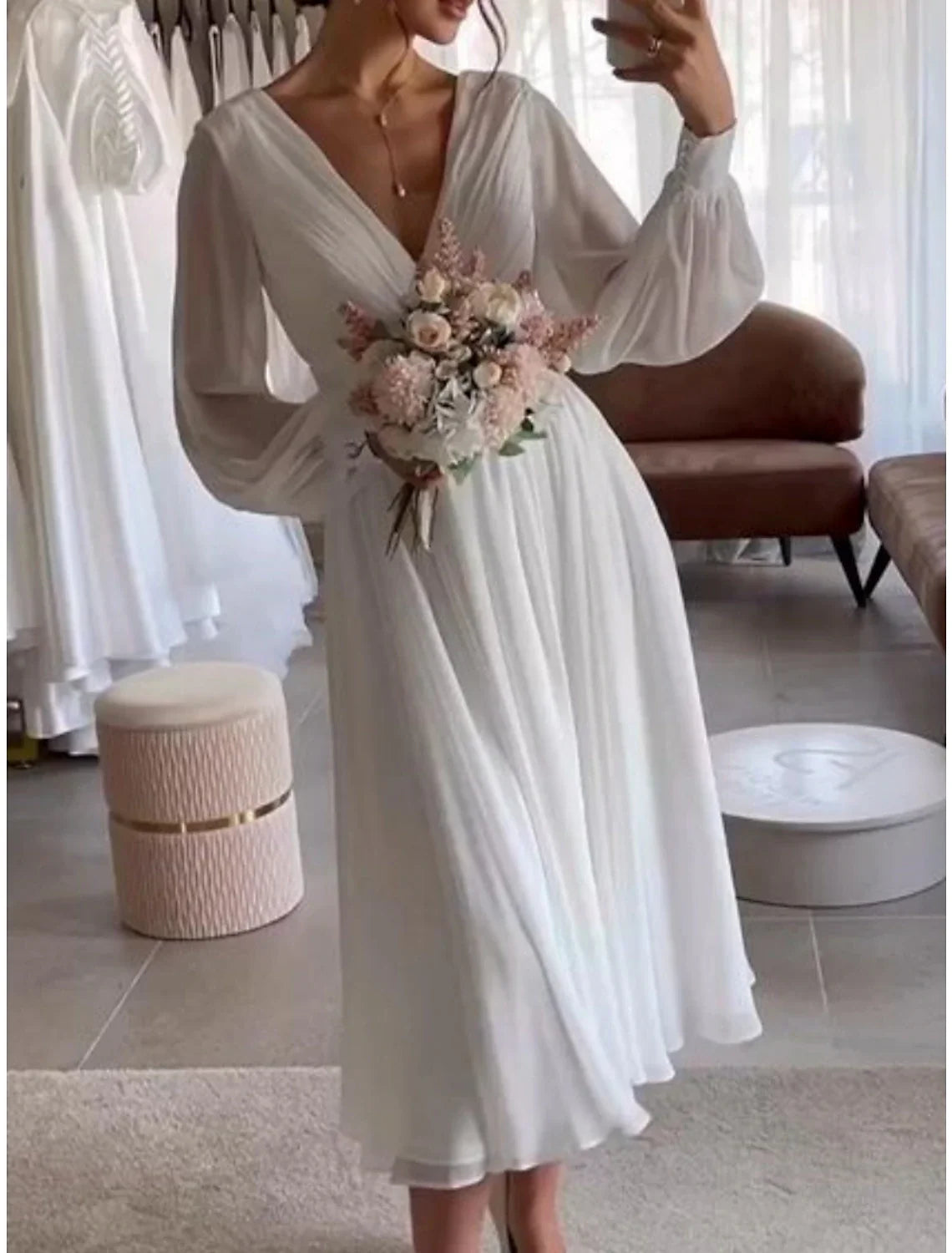 Ball Gown Off-Shoulder Satin Sleeveless Pleated Knee-Length Wedding Gown - Chloe Dress