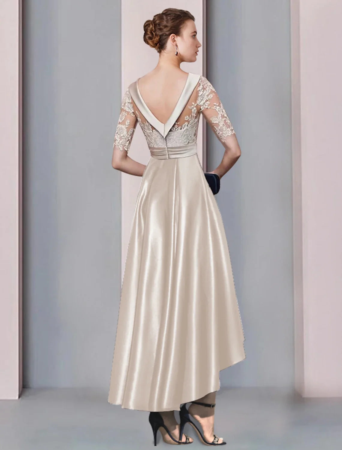A-Line High Neck Satin Asymmetric Tea-Length Wedding Dress - Chloe Dress