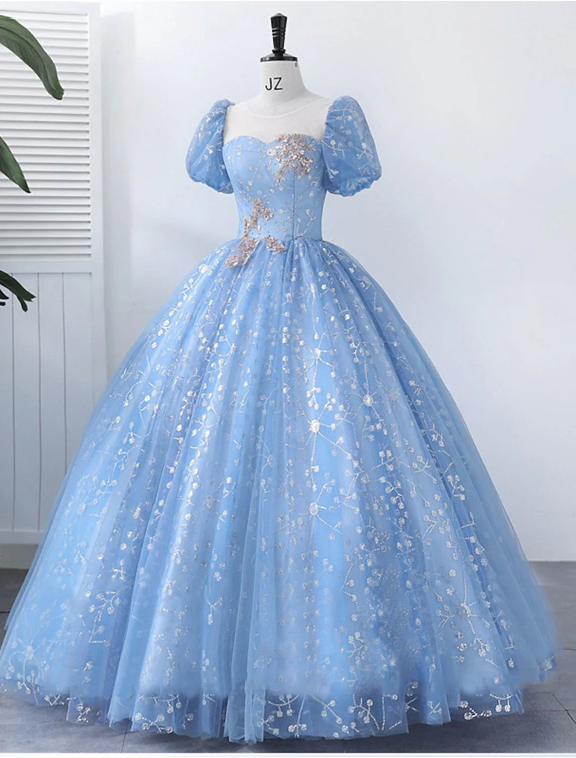 Ball Gown Square Neck Polyester Short Sleeve Applique Floor-Length Gown - Chloe Dress
