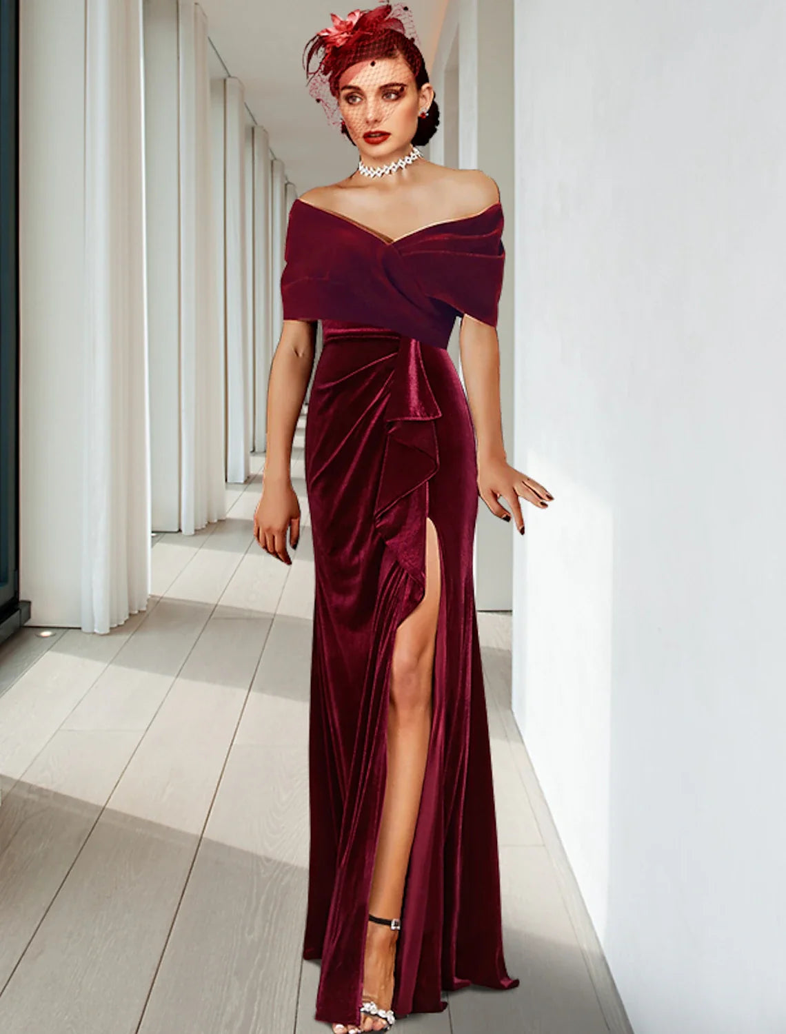 Sheath V-Neck Velvet Sleeveless Ruffled Floor-Length Evening Gown - Chloe Dress