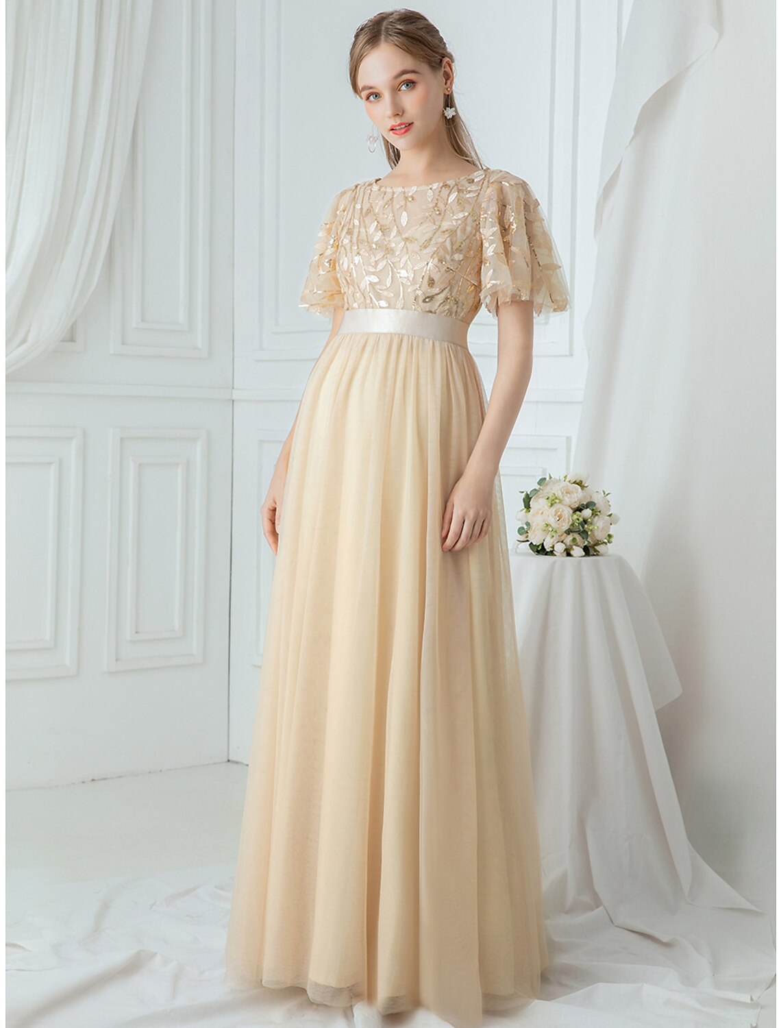 A-Line Tulle Short Sleeve Applique Floor-Length Prom Dress - Chloe Dress