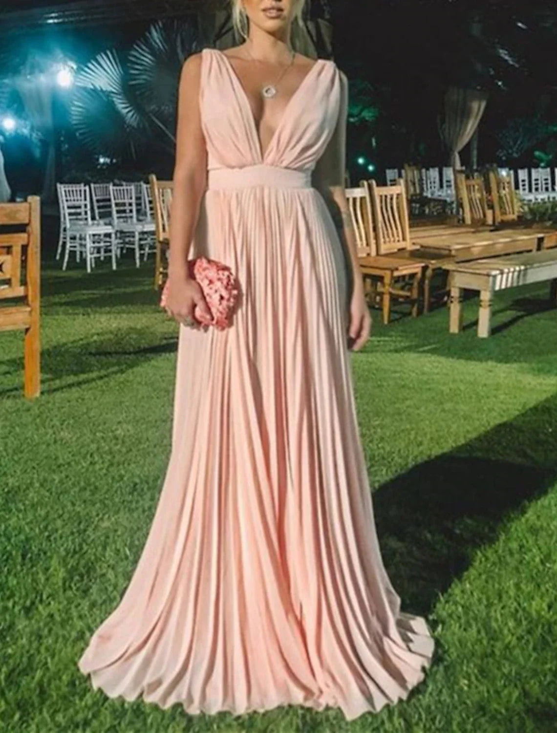 A-Line V-Neck Chiffon Sleeveless Pleated Wedding Dress - Chloe Dress
