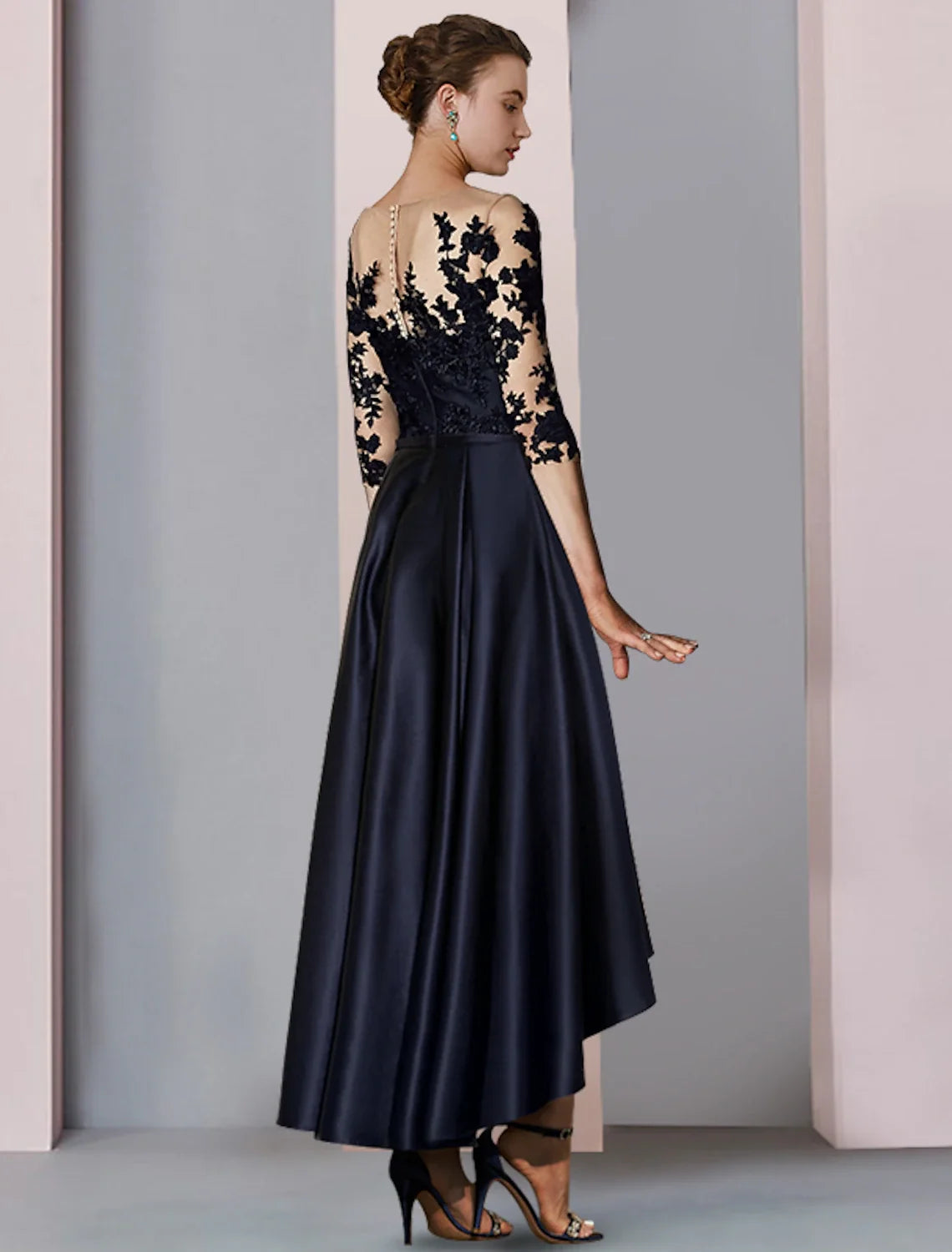 A-Line High Neck Satin Three-Quarter Sleeve Pleated Tea-Length Wedding Dress - Chloe Dress