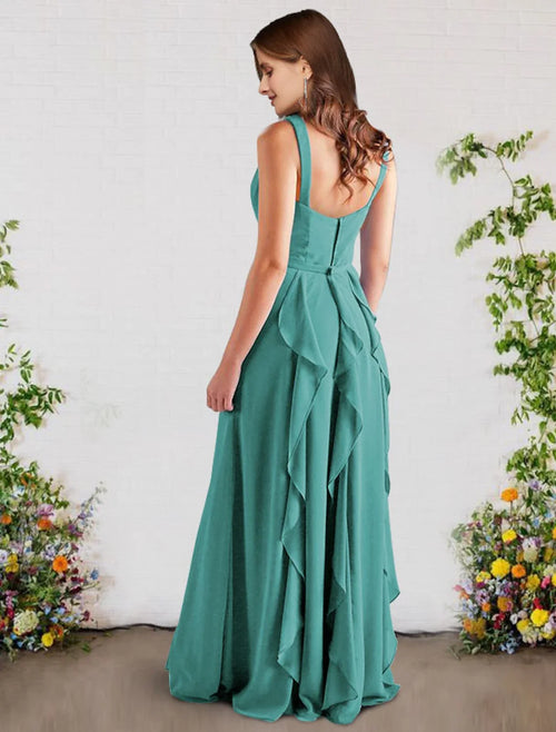 A-Line V-Neck Chiffon Sleeveless Ruffled Floor-Length Wedding Dress - Chloe Dress