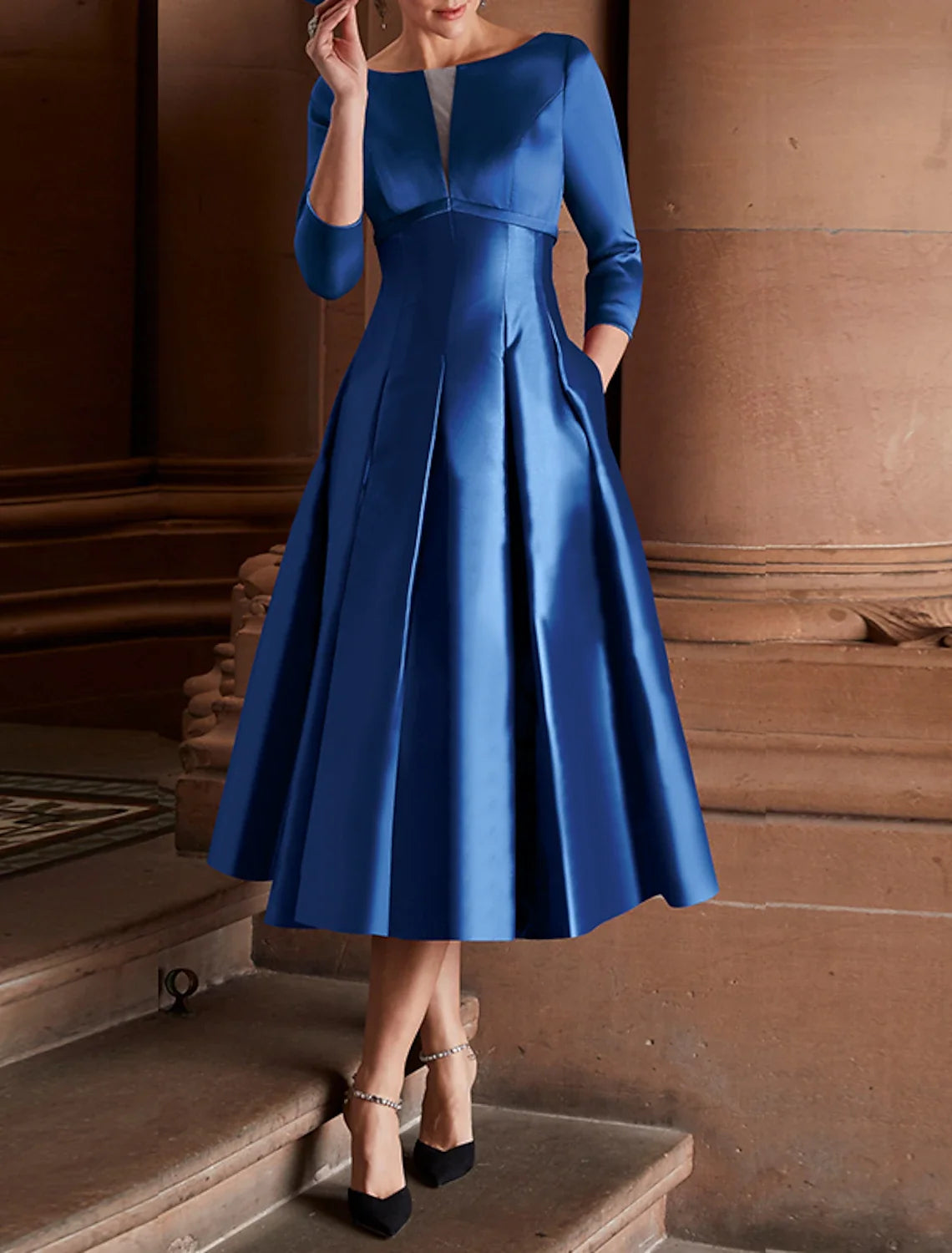 Green A-Line Satin Three-Quarter Sleeve Pleated Mini Wedding Dress - Chloe Dress