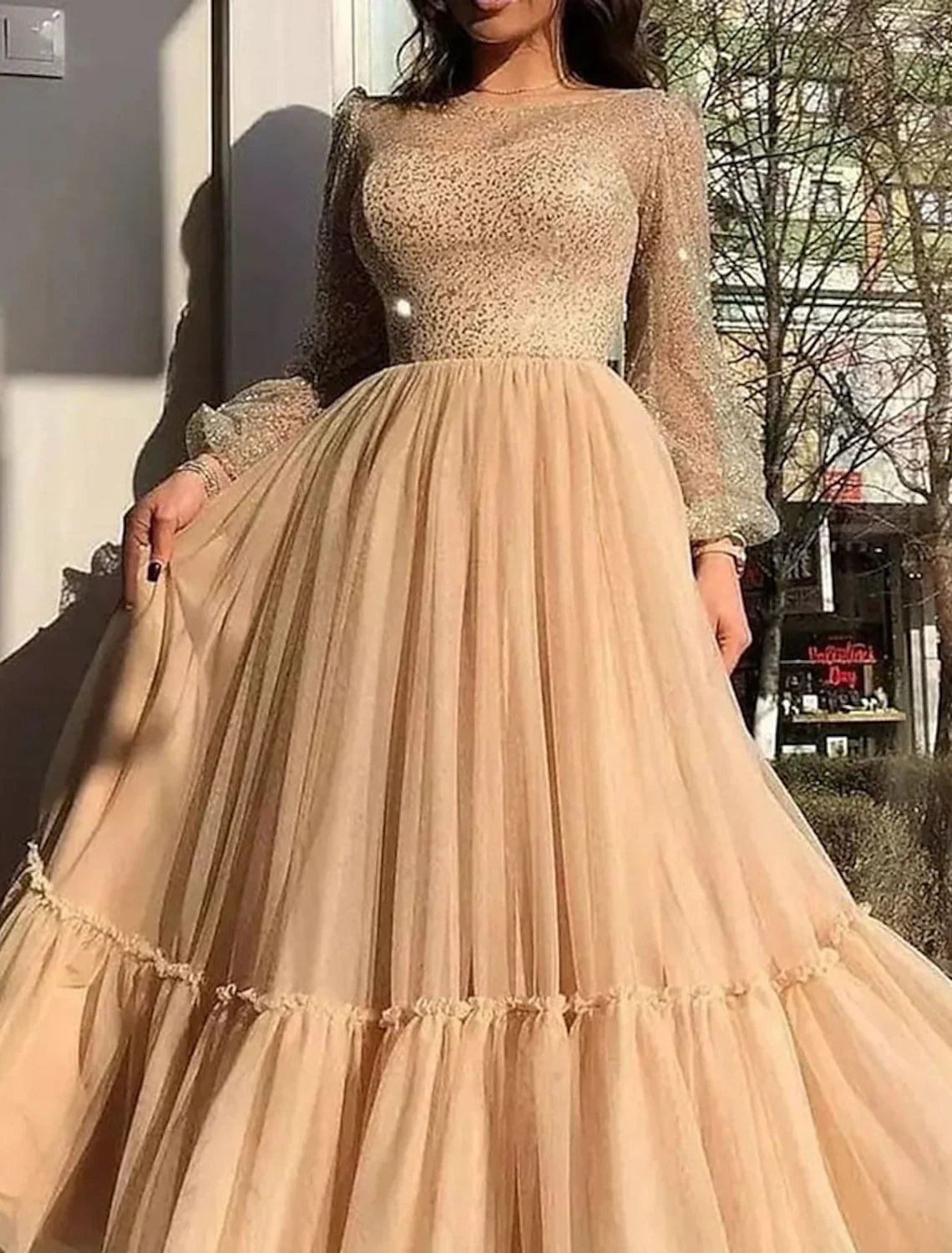 A-Line Tulle Long Sleeve Floor-Length Evening Gown - Chloe Dress