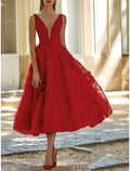 A-Line V-Neck Lace Sleeveless Backless Pleated Tea-Length Evening Gown - Chloe Dress