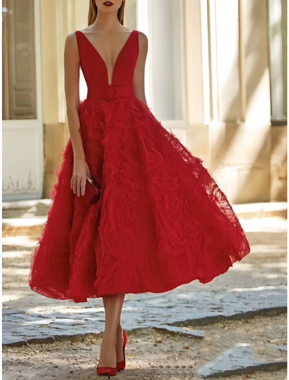 A-Line V-Neck Lace Sleeveless Backless Pleated Tea-Length Evening Gown - Chloe Dress