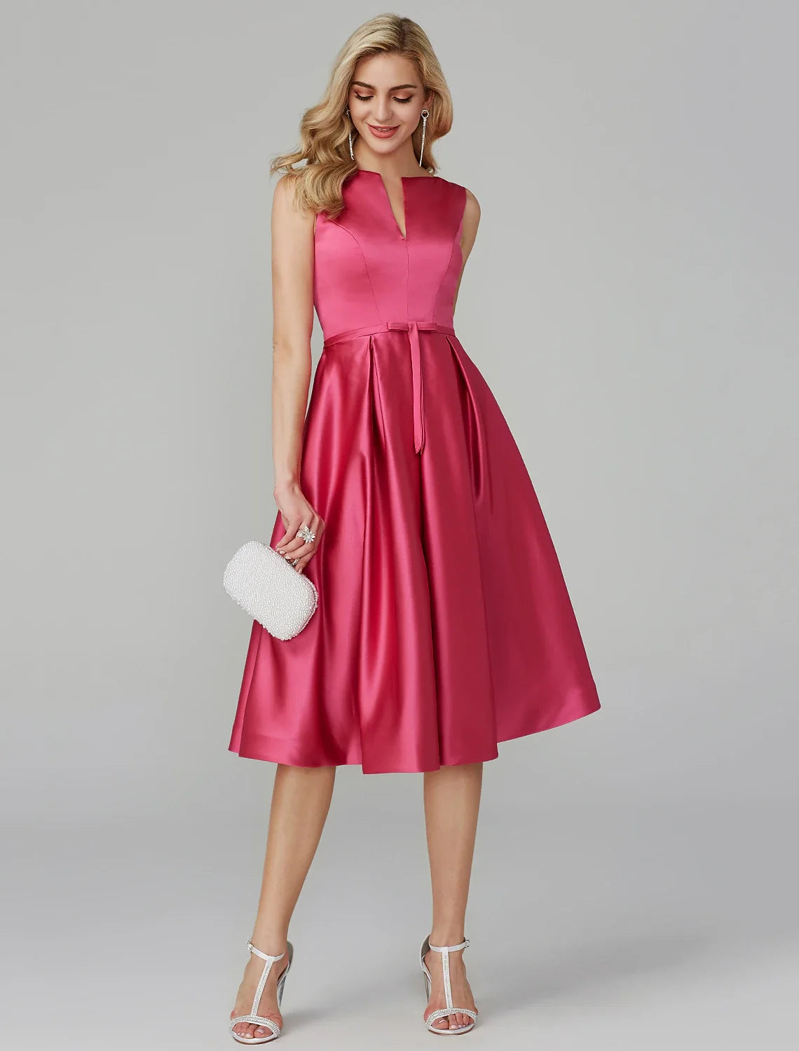 Pink A-Line Satin Sleeveless Knee-Length Wedding Dress - Chloe Dress