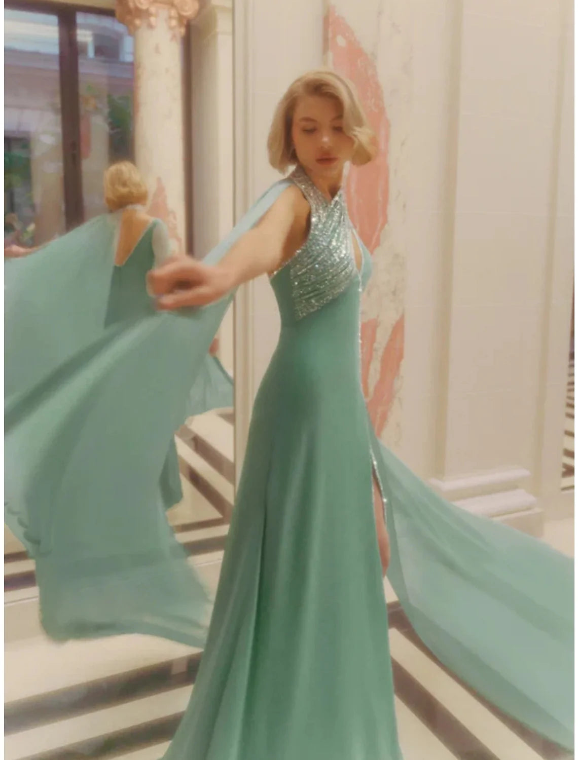 A-Line V-Neck Sequin Sleeveless High Slit Evening Gown - Chloe Dress