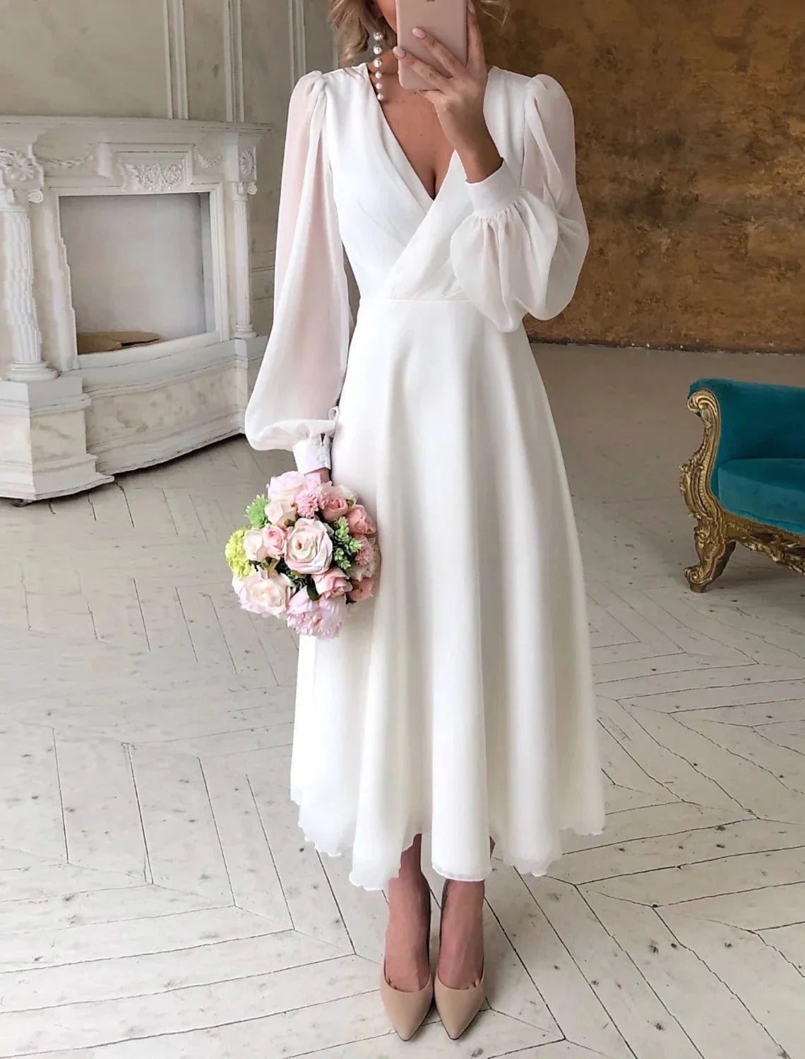 White A-Line V-Neck Chiffon Long Sleeve Ankle-Length Wedding Gown - Chloe Dress