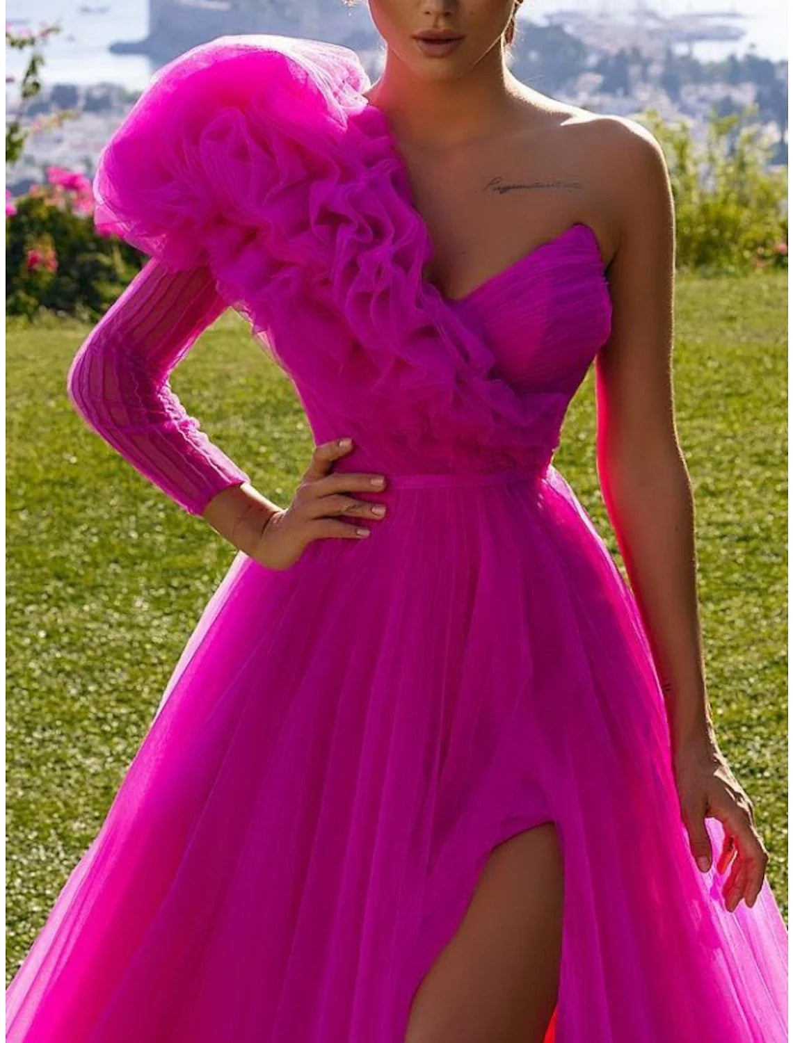 Ball Gown One-Shoulder Tulle Long Sleeve High Slit Prom Gown - Chloe Dress