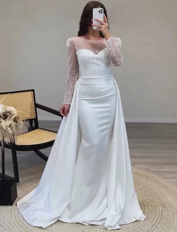 Mermaid Illusion Satin Long Sleeve Floor-Length Evening Gown - Chloe Dress