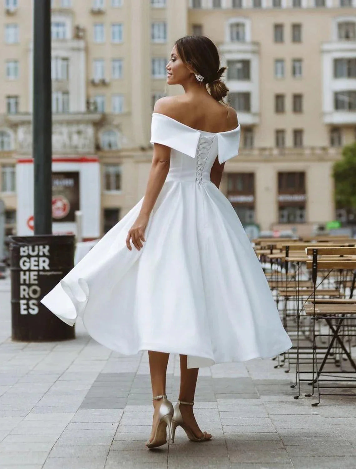 White A-Line Off-Shoulder Satin Short Sleeve Mini Wedding Gown - Chloe Dress