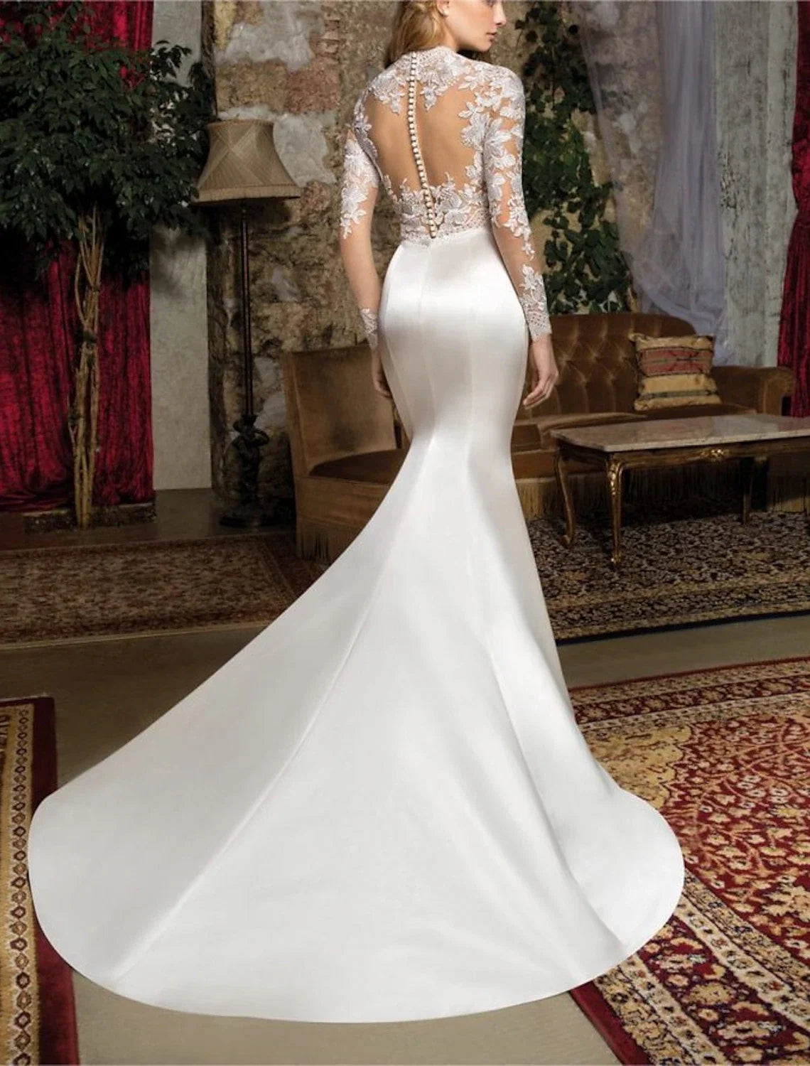 V-Neck Lace Long Sleeve Floor-Length Wedding Gown - Chloe Dress