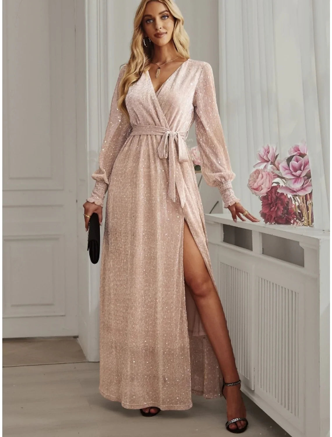 A-Line V-Neck Chiffon Long Sleeve High Slit Ankle-Length Party Dress - Chloe Dress
